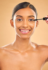 Image showing Mascara, brush and Indian woman with beauty portrait, apply makeup product and eyelash extension on studio background. Face, cosmetology and cosmetic care for lashes, volume and length with cosmetics