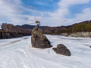 Image showing Fast mountain river Katun at winter