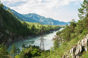 Image showing Power lines in the beautiful mountain landscape