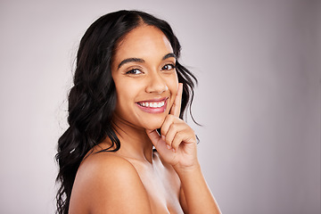 Image showing Hair, happy woman and beauty with portrait, cosmetics and hairstyle on studio background. Wellness, shine and female smile, face and cosmetic care, keratin treatment and texture, volume and mockup