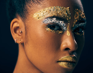 Image showing Beauty, gold and elegant with black woman and makeup in studio for luxury, cosmetics and African pride. Natural, creative art and goddess with female model on background for queen, bronze and glamour