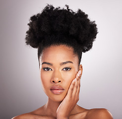 Image showing Skincare, cosmetics and portrait black woman with confidence, white background and beauty product. Health, dermatology and natural makeup, African model in studio for healthy skin care and wellness.