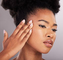 Image showing Skincare, woman hand and beauty face closeup of dermatology and facial treatment. Spa, wellness and skin glow aesthetic with a studio background with young female, cosmetics and manicure nails