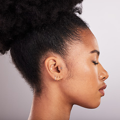 Image showing Skincare, beauty and profile of black woman with confidence, white background and cosmetics product. Health, dermatology and natural makeup, African model in studio for healthy skin care and wellness