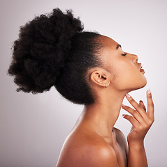 Image showing Skincare, profile of black woman with hand on neck and beauty cosmetics isolated on white background. Health, dermatology and natural salon makeup, African model in studio with healthy spa skin care.