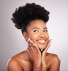 Image showing Skincare, beauty and happy black woman with confidence, white background and cosmetics product. Health, dermatology and natural makeup, smiling African model in studio for healthy skin and wellness.