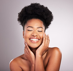 Image showing Skincare, beauty and happy black woman with smile, confidence on white background and cosmetics product. Health, dermatology and natural makeup, African model in studio for healthy skin and care.