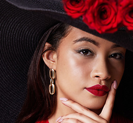 Image showing Beauty, rich Asian woman and face with makeup, red lipstick and roses, fashion in portrait with closeup. Skin, glow and cosmetic care with elegant manicure and nail polish with stylish female