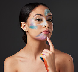 Image showing Skin, art and portrait of woman with face paint, creative makeup and self expression. Beauty, creativity and color in artistic cosmetics, empowerment and freedom to express for young beautiful girl.