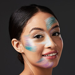 Image showing Beauty, face paint and smile, portrait of woman with creative makeup, art and self expression. Skincare, creativity and color in artistic cosmetics, skin and freedom to express for beautiful girl.