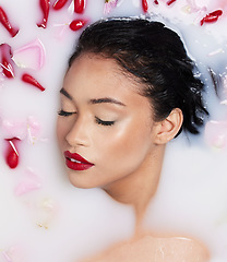 Image showing Rose milk bath, natural beauty and red lipstick of an Asian woman with makeup and cosmetics. Above, skincare and wellness of a female model with dermatology, flower aromatherapy and spa treatment