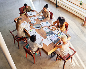 Image showing Business meeting, planning and people above with digital marketing strategy, data analytics and graphs or charts review. Employees with startup analysis, brainstorming ideas and teamwork in workshop