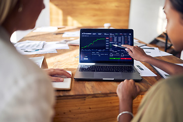 Image showing Computer screen, stock market and people hands in meeting, data analytics or statistics analysis of profit growth. Analyst women show client on laptop for trading. Investment app and finance fintech