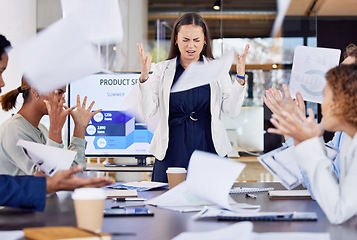 Image showing Frustration, argument and business people fighting in meeting while throwing papers with anger. Stress, upset and female corporate presenter doing presentation to angry employees in office boardroom.