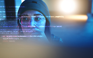 Image showing Programmer, code or woman hacker in dark room at night for coding, phishing or cloud computing. Database, malware research or girl hacking online in digital transformation on ai cybersecurity website