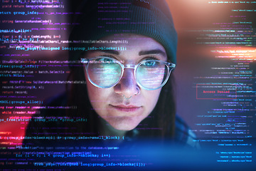 Image showing Double exposure, code or woman hacker in dark room at night for coding, phishing or cybersecurity. Database, programmer or girl hacking online in digital transformation on ai cloud computing website