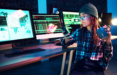 Image showing Phone, cyber security or woman by computer screen in dark room at night for coding, phishing or blockchain. Coffee, programmer ux or girl hacking online in digital transformation on global website