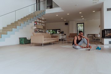 Image showing Training At Home. Sporty man doing training while watching online tutorial on laptop, exercising in living room, free space