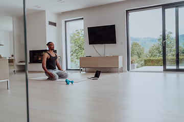 Image showing Training At Home. Sporty man doing training while watching online tutorial on laptop, exercising in living room, free space