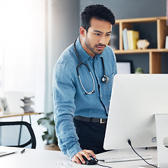 Image showing Serious, man doctor and computer research, healthcare innovation and planning online. Medical worker, desktop technology and reading data of test results, wellness management and telehealth database