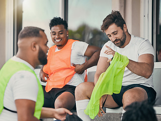 Image showing Team, sports and rugby men on bench for planning, relax or chat with diversity, solidarity or advice. Group teamwork, college or professional sport at stadium with friends, training or getting ready