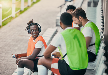 Image showing Team, sport and rugby men on break with smile, planning and conversation for diversity, solidarity and happy. Group teamwork, university or professional sports at stadium for fitness, friends or goal