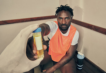 Image showing Sports, doctor and a portrait of a black man with a pee test to check for cheating or drug use. Analysis, giving and an African sport player with a urine sample for testing during fitness practice