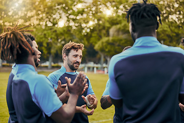 Image showing Men, sports or applause rugby team on fitness break, exercise workout or talking in training game. Clapping, friends success or happy group of athletes bonding or speaking in practice match together