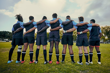 Image showing Back view, men or rugby team in stadium with support, unity or pride ready for a sports game together. Fitness, solidarity or proud players in line for match, workout or exercise on training field