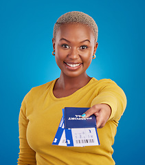 Image showing Giving, travel passport and portrait of black woman in studio with flight documents, tickets and boarding ID. Traveling agency, smile and girl for immigration, opportunity and international vacation