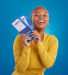 Image showing Portrait, passport and black woman with tickets smile in studio with flight, boarding documents and ID. Traveling mockup, happy and girl celebrate immigration, USA holiday and international vacation