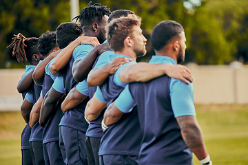 Image showing Rugby, team and sports with a group of men outdoor, standing together on a field before a competitive game. Collaboration, fitness and focus with teammates ready for sport at a stadium event