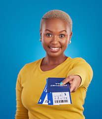 Image showing Giving passport, travel tickets and portrait of black woman in studio with flight documents, boarding pass and ID. Traveling agency, hand out and girl smile for immigration, holiday and global trip