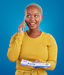 Image showing Phone call, travel ticket and black woman in studio with flight documents, boarding pass and passport. Traveling agency, online booking and girl on smartphone for immigration, holiday and global trip