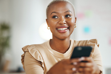 Image showing Black woman, office and phone for texting with thinking, smile and social network ux with happiness. Businesswoman, smartphone app and email for web chat, blog post and excited for networking at job