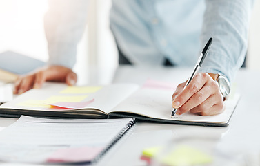 Image showing Closeup, hands and notebook for ideas, planning and feedback for review, brainstorming and inspiration. Zoom, male and employee with journal, new project and schedule for proposal, writer and notes