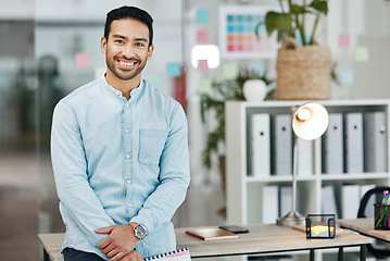 Image showing Happy, business and portrait of man in office for startup, confident and positive. Pride, corporate and entrepreneurship with male employee standing in agency for management, expert and director