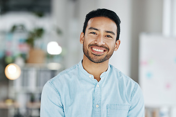 Image showing Happy, smile and portrait of man in office for startup, confident and positive. Happiness, corporate and pride with face of male employee standing in agency for management, expert and director