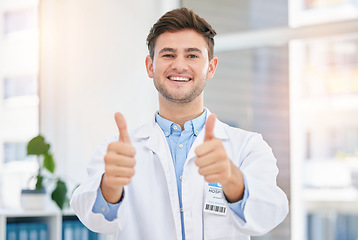 Image showing Medical, thank you and thumbs up by doctor in a hospital office feeling happy and excited in a clinic. Support, medicine and portrait of man healthcare professional satisfied in agreement with health