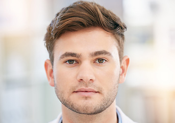 Image showing Face, serious doctor and portrait of man in hospital for wellness, medicine and medical care. Healthcare mockup, insurance and closeup of health worker in clinic for consulting, trust and support