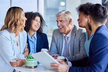 Image showing Business people, tablet and laughing for funny meme, joke or social media post together at the office. Corporate CEO laugh with employees on touchscreen for fun comedy or team building at workplace