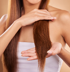Image showing Woman, damaged hair and growth problem, beauty and split ends with closeup on studio background. Cosmetic haircare, repair and female, treatment fail with stress and cosmetology and hairstyle crisis