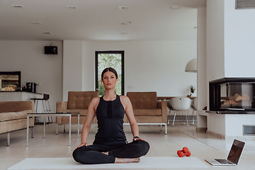 Image showing Young Beautiful Female Exercising, Stretching and Practising Yoga with Trainer via Video Call Conference in Bright Sunny House. Healthy Lifestyle, Wellbeing and Mindfulness Concept.