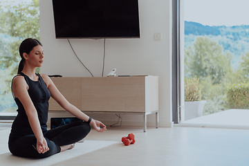 Image showing Young Beautiful Female Exercising, Stretching and Practising Yoga with Trainer via Video Call Conference in Bright Sunny House. Healthy Lifestyle, Wellbeing and Mindfulness Concept.