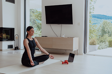 Image showing Young Beautiful Female Exercising, Stretching and Practising Yoga with Trainer via Video Call Conference in Bright Sunny House. Healthy Lifestyle, Wellbeing and Mindfulness Concept.