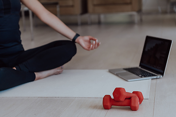 Image showing Young Beautiful Female Exercising, Stretching and Practising Yoga with Trainer via Video Call Conference in Bright Sunny House. Healthy Lifestyle, Wellbeing and Mindfulness Concept.