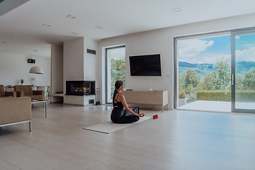 Image showing Young Beautiful Female Exercising, Stretching and Practising Yoga with Trainer via Video Call Conference in Bright Sunny House. Healthy Lifestyle, Wellbeing and Mindfulness Concept.