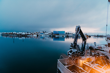 Image showing Traditional Norwegian fisherman's cabins and boats