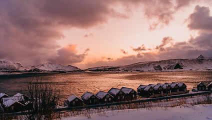 Image showing Traditional Norwegian fisherman's cabins and boats