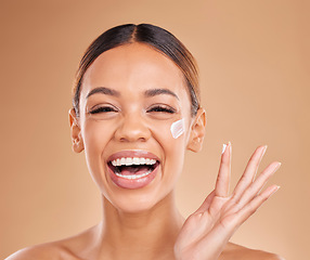 Image showing Laughing, skincare portrait or happy woman with cream product for beauty or young face on studio background. Dermatology cosmetics, funny or beautiful girl with facial moisturizer or lotion for glow